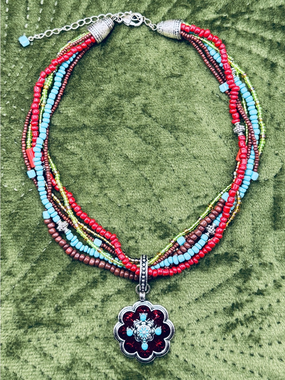 Vintage Avon Multicolor Beaded Flower Pendant Necklace & Clip-On Earring Set - Picture 2 of 9